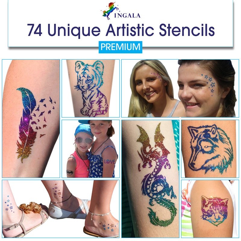 INGALA Premium Glitter Temporary Tattoo Kit for Boys and Girls, 74 Stencils, 16 Colors and 2X 0.5 fl.oz Body Glue for Body Glitter Fake Tattoos for Kids Makeup Tattoo Supplies Party Favors Party Supplies - Image 5